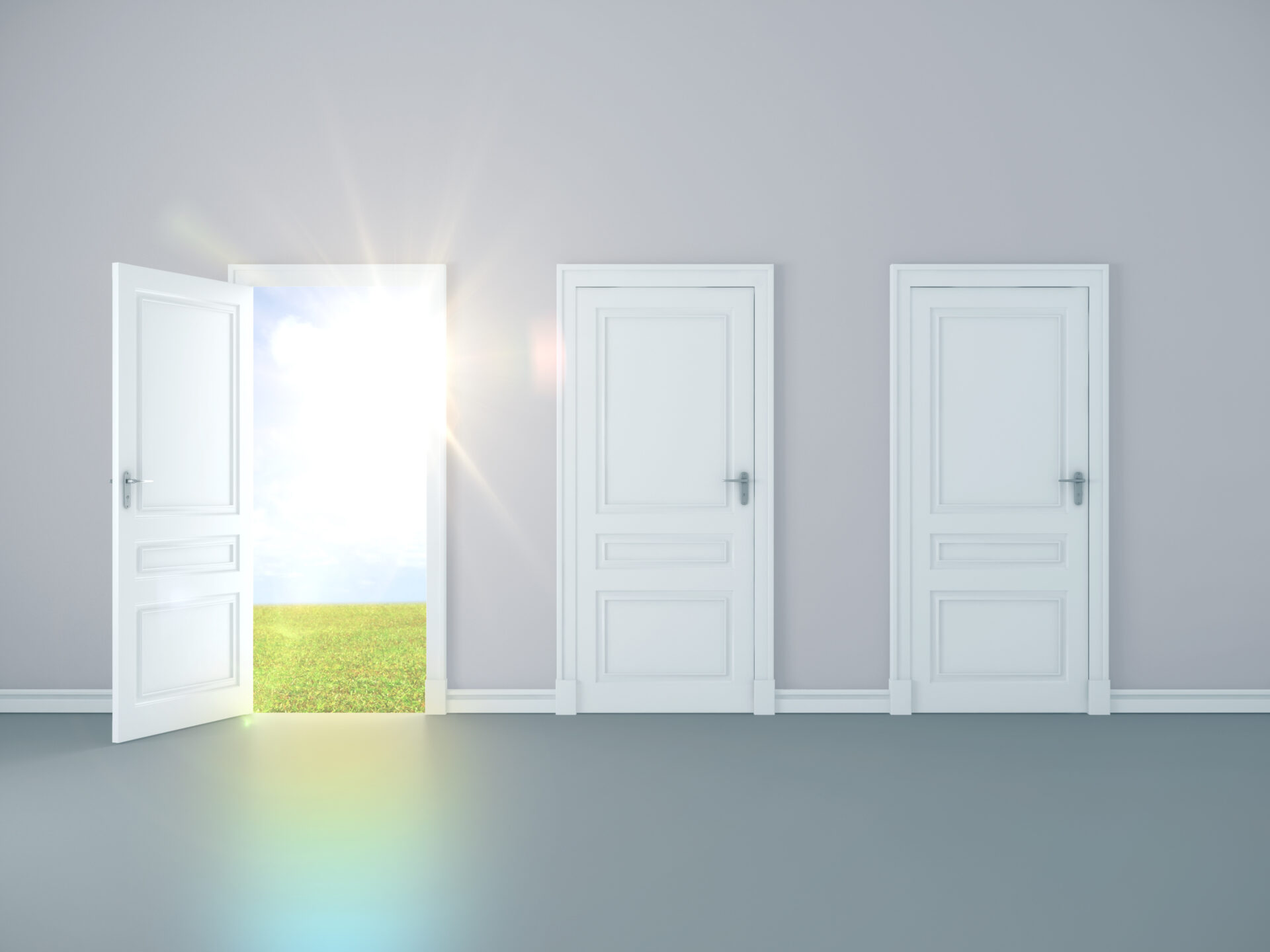 日光で明るく光る白いドア
